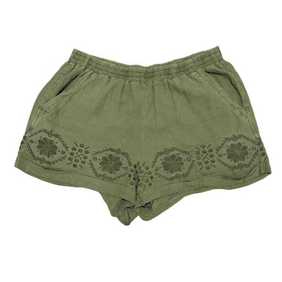 Anthropologie Mermaid Olive Green Embroidered Linen Blend Shorts Women Medium - Picture 3 of 9